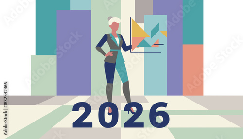 Businesswoman presents 2026 financial growth forecast vector Corporate strategy planning