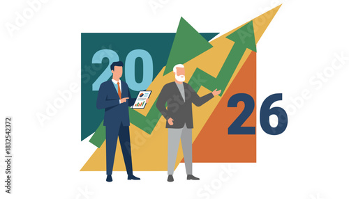 Business leaders planning 2026 strategy and financial growth forecast Vector illustration