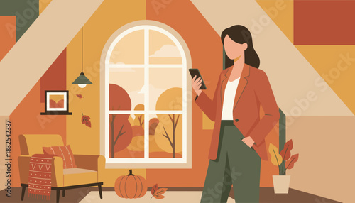 Professional woman uses smartphone in a cozy autumn home interior perfect for remote work or social media