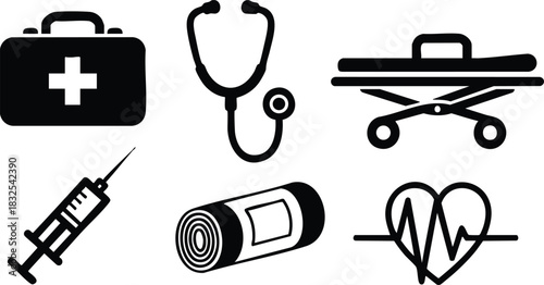 Minimalist vector art set of black medical icons with first aid kit stethoscope stretcher syringe bandage roll and heart cardiogram arranged on white background