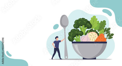 A tiny man standing with a large spoon next to a giant bowl of fresh vegetables, promoting a healthy diet, vegetarianism, and clean eating.