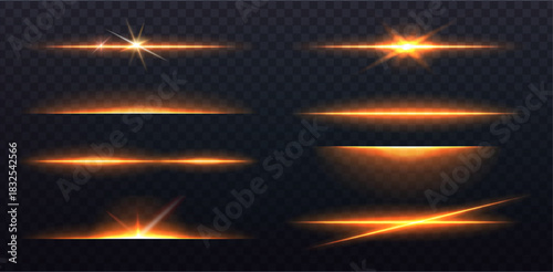 Vector illustration. Light line beams and glow sparks of spotlight in orange color.