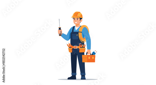 Professional electrician in a hard hat and overalls holding a screwdriver and a toolbox with a coil of wire on his shoulder.