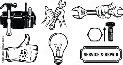 Vintage monochrome vector art of mechanic hands holding wrench and spanner with toolbox tools light bulb thumbs up and service repair label