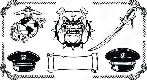 Monochrome vector art of angry bulldog mascot with rope border globe emblem officer hats sword and blank scroll arranged in horizontal layout