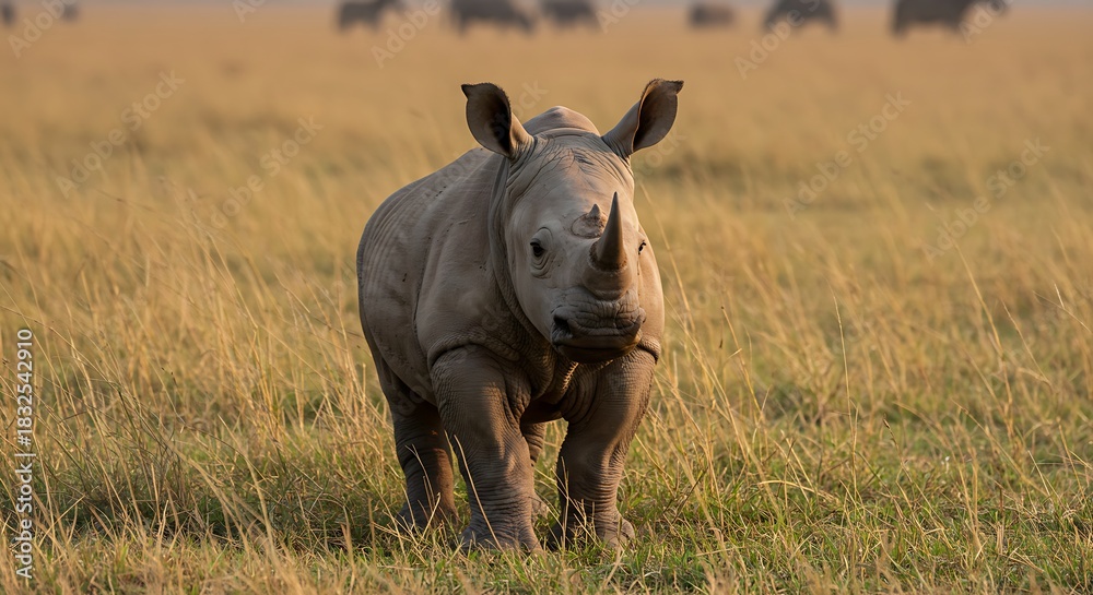 Obraz premium A young rhinoceros walks across a grassy savanna during golden hour.