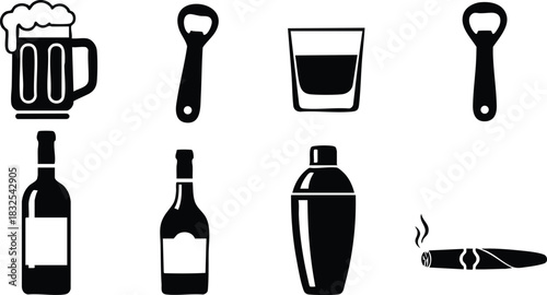 Flat icon set of black beer mug bottle opener whiskey glass wine bottles cocktail shaker and smoking cigar arranged in two rows on white background vector style