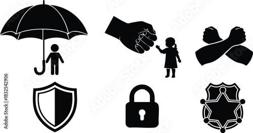 Flat design black safety icons with umbrella over person clenched fist near girl crossed arms shield padlock and sheriff badge on white background