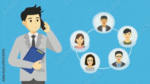 Manager Holding Clipboard Talking on Phone with Employee Network Circle Illustration