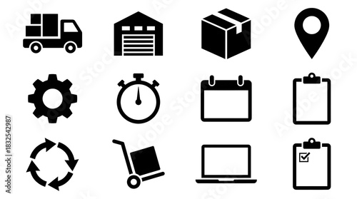 Black and white logistics icons including a truck warehouse box location gear timer and clipboard set