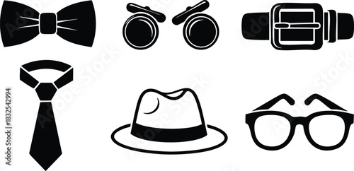Minimalist vector art set of black mens accessories icons including bow tie necktie cufflinks belt fedora hat and eyeglasses in simple flat style