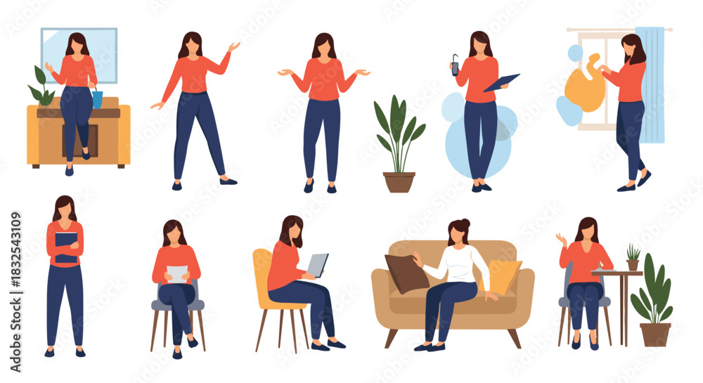 Naklejka premium Character set of a woman in a red shirt and blue pants in various poses and activities like working, relaxing, and thinking.