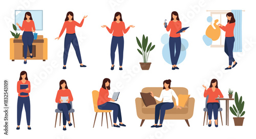 Character set of a woman in a red shirt and blue pants in various poses and activities like working, relaxing, and thinking.