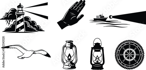 Nautical vector art set with lighthouse storm clouds ship spotlight raised hand seagull lanterns and rope ship wheel in bold black silhouette style