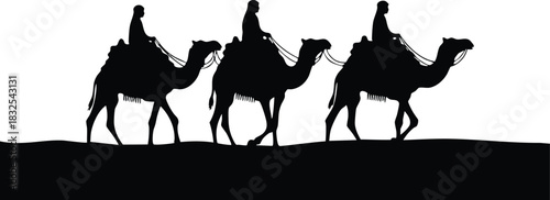 Desert silhouette vector art with three camel riders in profile walking in line across sand dune landscape under clear sky minimal black and white style