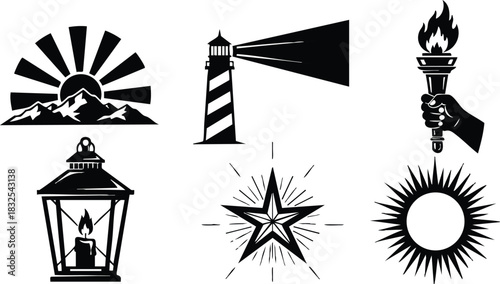 Monochrome vector icons of sunrise mountains lighthouse beam hand holding torch lantern candle starburst and spiky sun symbol arranged in simple flat silhouette style