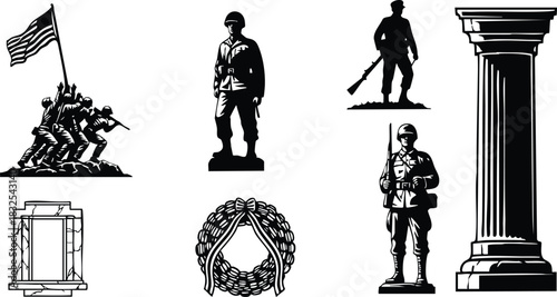Monochrome vector art set of military memorial silhouettes with soldiers flag raising laurel wreath marble frame and tall classical column for remembrance day tribute