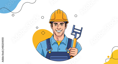 Friendly construction worker with a yellow hard hat and overalls smiling and holding a tool against a simple graphic background.