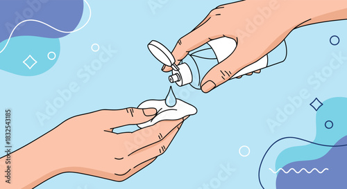 Hands pouring a clear liquid from a bottle onto a cotton pad, illustrating a skincare or first aid routine on a blue background.