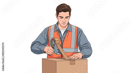 Diligent worker carefully seals a cardboard box with tape, preparing the package for secure shipping and efficient delivery, highlighting the importance of proper handling and logistics