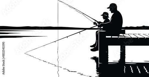 Black and white vector art of father and child fishing together on lakeside pier with long fishing lines and calm water reflections at peaceful sunset mood