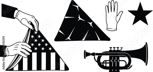 Black and white vector art of folded american flag ceremony with gloved hands bugle star and symbols of military funeral honor guard service