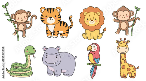 Doodle animals set, collection of adorable illustrated zoo characters, monkey, tiger, lion, snake, hippo, parrot, giraffe isolated on white background.
