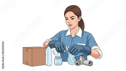 Person in blue uniform and gloves sorting recyclable materials like plastic bottles and cans into a cardboard box for waste management and environmental sustainability
