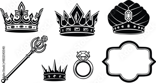 Black and white vector art set of royal crowns scepter gemstone ring and ornate label frame in flat silhouette style for luxury monarchy decoration