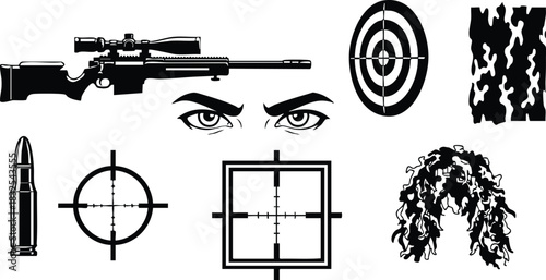 Black vector art collection of sniper rifle with scope intense eyes bullet crosshair targets camouflage pattern and ghillie hood in bold silhouette style
