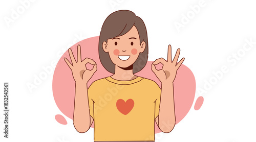 Illustration of a woman showing a happy face, and a gesture of encouragement showing support and sharing positive emotions, with an "OK" hand gesture, flat illustration on white background.