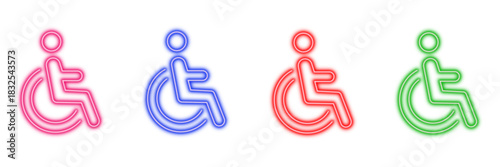 Neon glowing wheelchair symbol vector icons set, accessibility, disability, handicap, inclusion, medical, public sign, vibrant colorful digital outline illustration on transparent background.