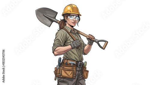 Construction worker illustration with shovel, hard hat, safety glasses, and tool belt on white background