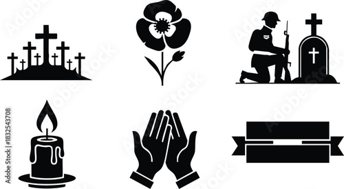 Black memorial vector art with poppy flower kneeling soldier at grave crosses candle flame praying hands and blank ribbon banner for remembrance day tribute