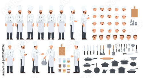 Complete character creation set for a male chef in uniform with various poses, facial expressions, and kitchen equipment.