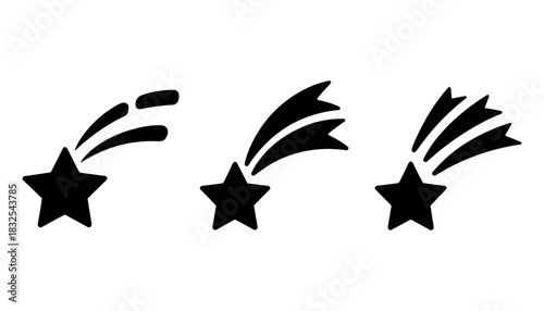 Three black shooting star icons with trails on a white background comet space