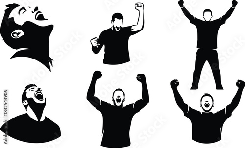 Flat vector silhouettes of cheering man in six triumphant poses with raised fists shouting with joy and victory on white background energetic emotional celebration set