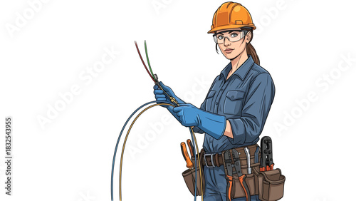 Professional female electrician with tools and wires on white background, skilled female worker in construction industry