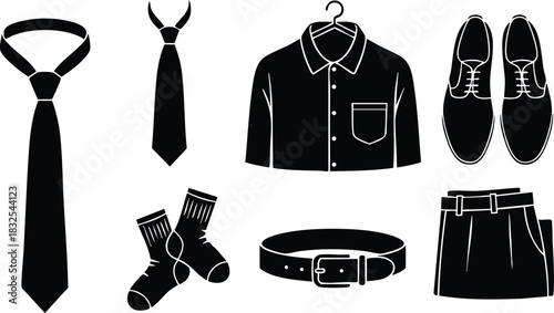 Minimal flat design set of black mens formal clothing icons with shirt tie belt shoes socks and pants on white background simple silhouette style