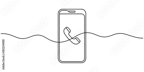 Continuous line drawing of a smartphone with a telephone receiver icon, symbolizing modern communication, connectivity, and digital interaction. Vector, illustration