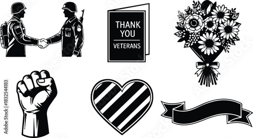 Monochrome vector icons of soldiers handshake thank you veterans card flower bouquet raised fist striped heart and ribbon banner for veterans day gratitude theme