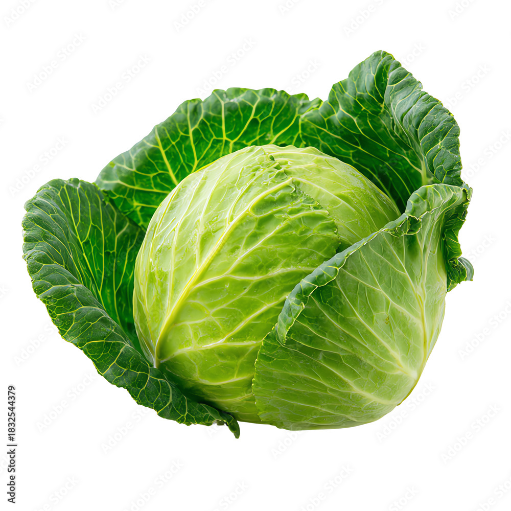 Obraz premium Fresh green cabbage with crisp leaves on a white isolated background.