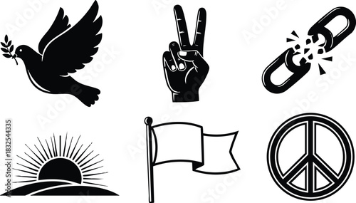 Minimalist vector icons with black dove olive branch peace hand sign broken chain sunrise flag and round peace symbol on white background