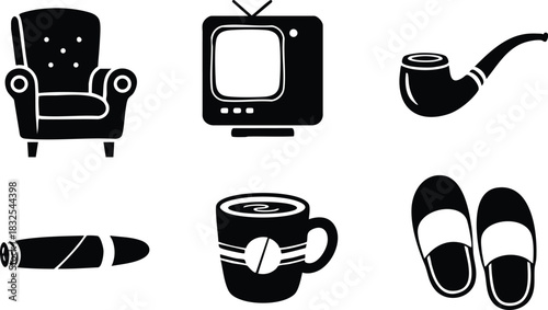 Retro flat design vector icons of armchair television pipe cigar coffee mug and slippers arranged in two rows in black silhouette style cozy mood
