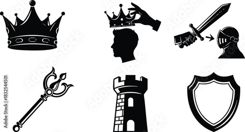 Flat black medieval vector art with crown coronation profile knight sword attack castle tower scepter and shield icons on white background minimal silhouette style