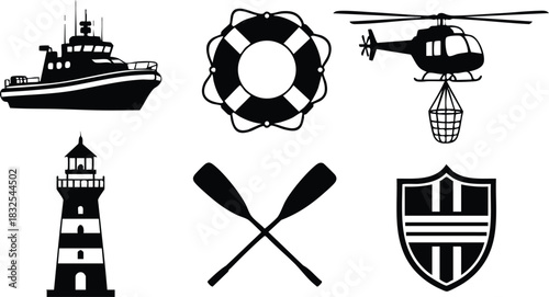 Flat design black rescue icons with patrol boat helicopter with cargo net lighthouse crossed paddles lifebuoy and striped shield arranged in two rows on white background