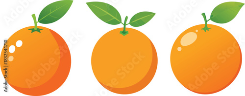 Vibrant orange fruit illustration with fresh green leaf depicted in simple bright clean minimal vector style