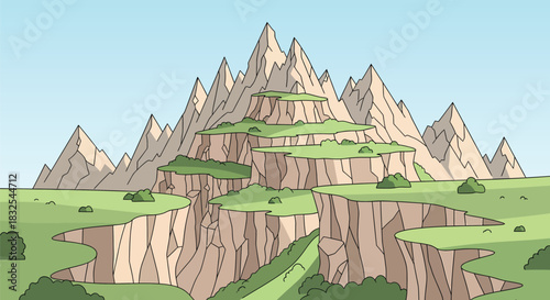 Cartoon style mountain range with flat green plateaus.