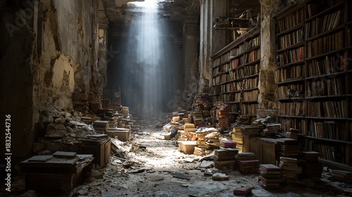 Abandoned ruined library filled with dusty books and sunbeams shining through collapsed ceiling