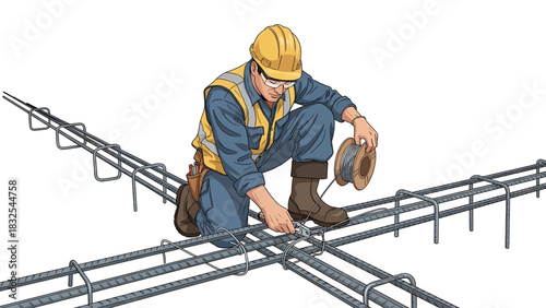 Construction Worker Tying Rebar Building Foundation Illustration